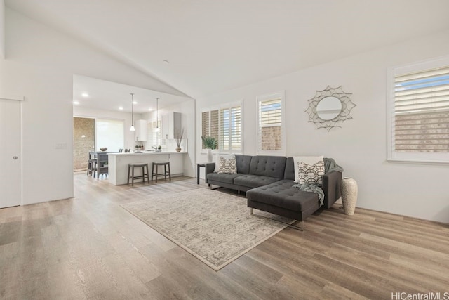 living room featuring hardwood / wood-style floors and vaulted ceiling