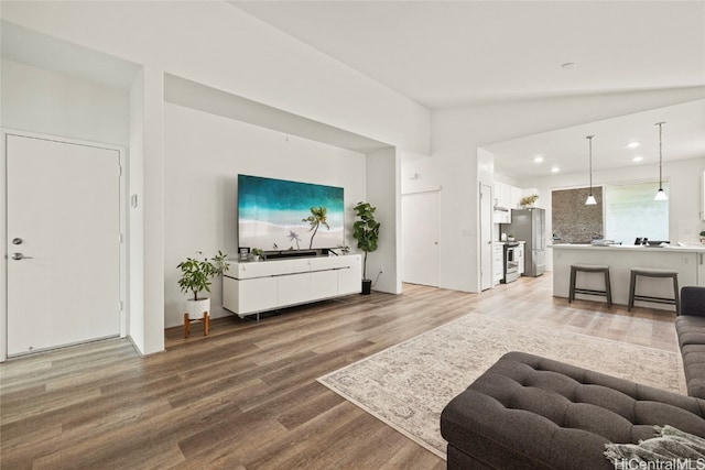 living room with hardwood / wood-style flooring and vaulted ceiling