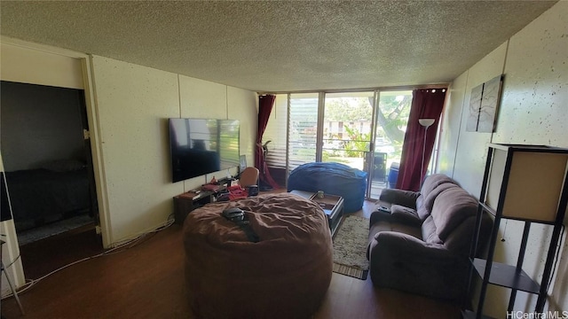 living room with a textured ceiling and hardwood / wood-style flooring