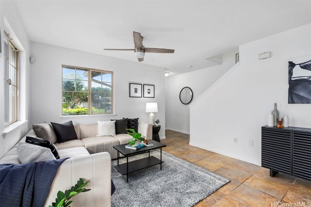 living room with ceiling fan