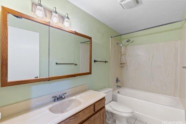 full bathroom with a textured ceiling, vanity, shower / washtub combination, tile patterned flooring, and toilet