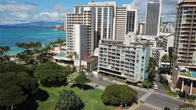 bird's eye view with a water view