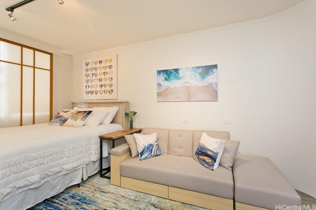 bedroom featuring crown molding and track lighting