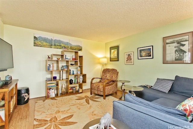 living room with wood-type flooring and a textured ceiling