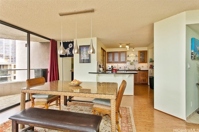 dining area with light wood-type flooring and a textured ceiling