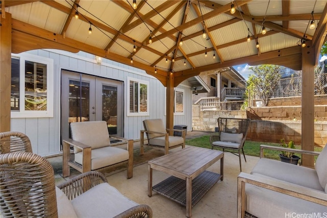 view of patio / terrace with a gazebo, french doors, and outdoor lounge area