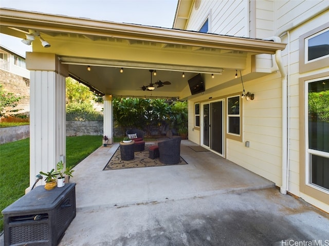 view of patio / terrace featuring ceiling fan and an outdoor hangout area