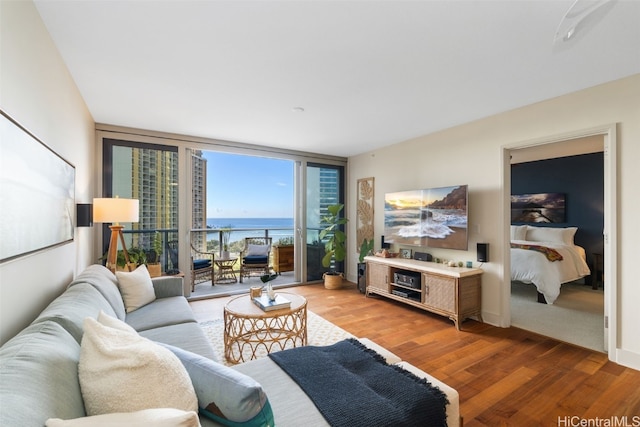 living room with hardwood / wood-style flooring and floor to ceiling windows