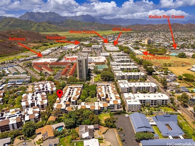 bird's eye view with a mountain view