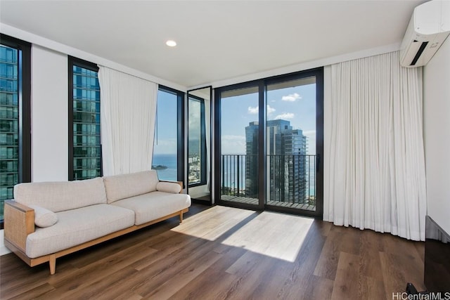 living room featuring expansive windows, dark wood-type flooring, and an AC wall unit