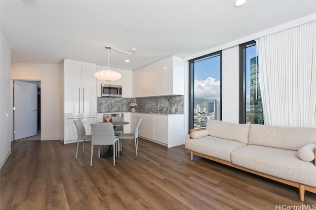 dining space with expansive windows, dark hardwood / wood-style floors, and sink