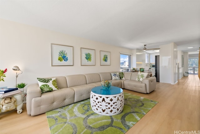 living room featuring ceiling fan, a wealth of natural light, light hardwood / wood-style flooring, and sink