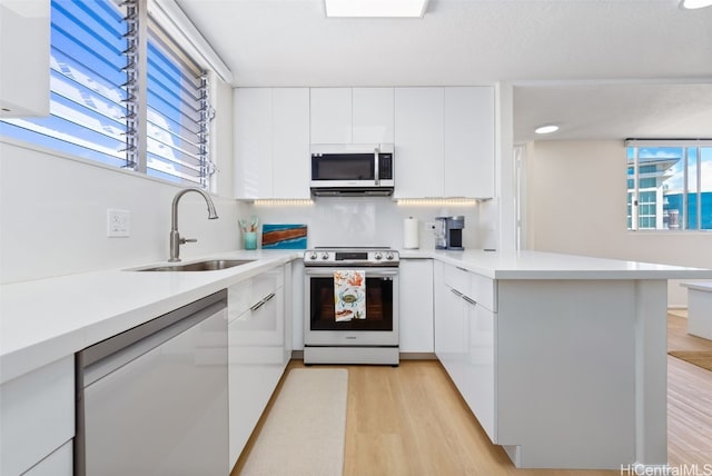 kitchen featuring decorative backsplash, sink, light hardwood / wood-style flooring, appliances with stainless steel finishes, and white cabinets