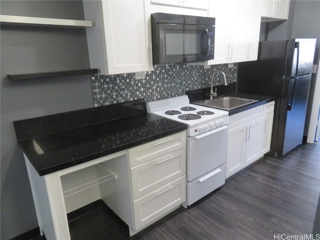 kitchen featuring white cabinetry, sink, dark hardwood / wood-style floors, backsplash, and black appliances