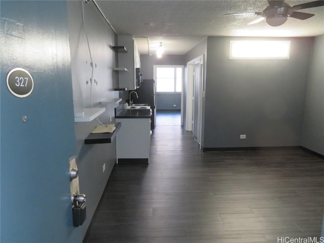 interior space featuring a textured ceiling, ceiling fan, dark hardwood / wood-style flooring, and sink