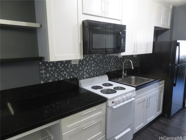 kitchen featuring tasteful backsplash, dark wood-type flooring, sink, black appliances, and white cabinets