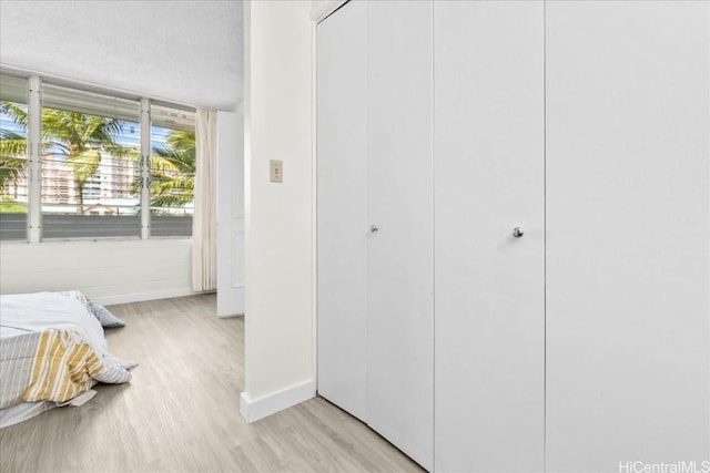 bedroom with light wood-type flooring and a closet