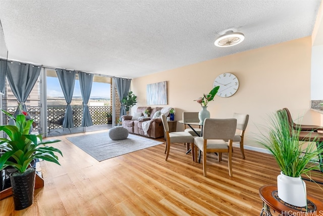 living room with floor to ceiling windows, light wood-type flooring, and a textured ceiling