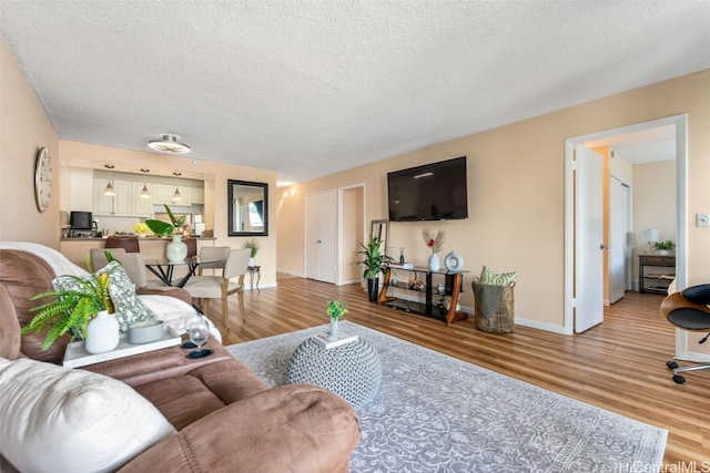 living room featuring a textured ceiling and light hardwood / wood-style flooring