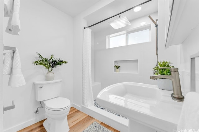 bathroom featuring curtained shower, toilet, and hardwood / wood-style floors