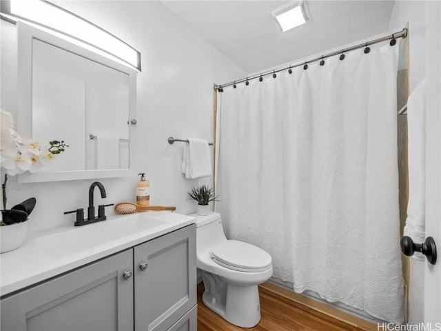 bathroom featuring vanity, wood-type flooring, and toilet