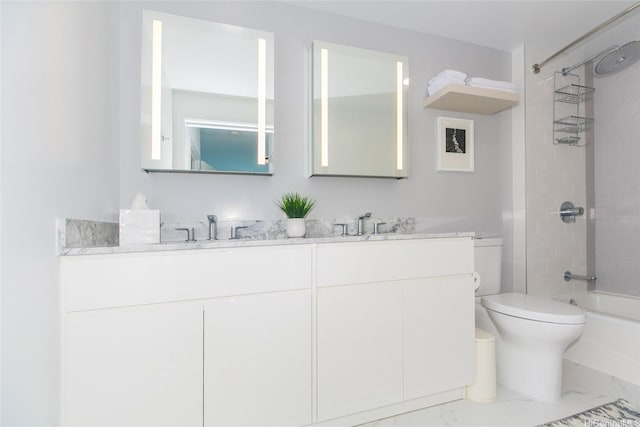 987 Queen St Unit 1401, Honolulu, HI 96814 - full bathroom featuring double vanity, toilet, marble finish flooring, and shower / bathtub combination