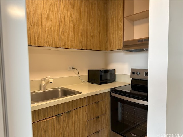 kitchen featuring stainless steel electric range, sink, and exhaust hood