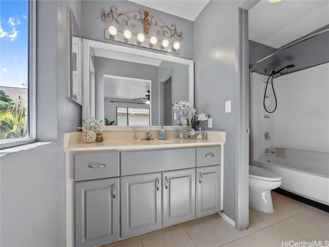 full bathroom featuring shower / bath combination, tile patterned floors, vanity, ceiling fan, and toilet