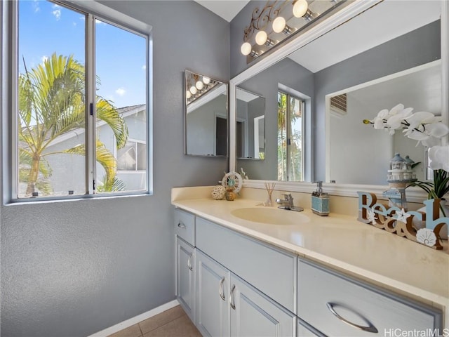 bathroom featuring visible vents, vanity, and tile patterned floors