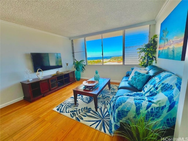 living room with a textured ceiling, ornamental molding, and hardwood / wood-style flooring