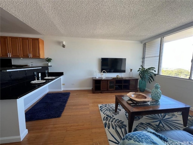 living room featuring crown molding, a textured ceiling, and light hardwood / wood-style flooring