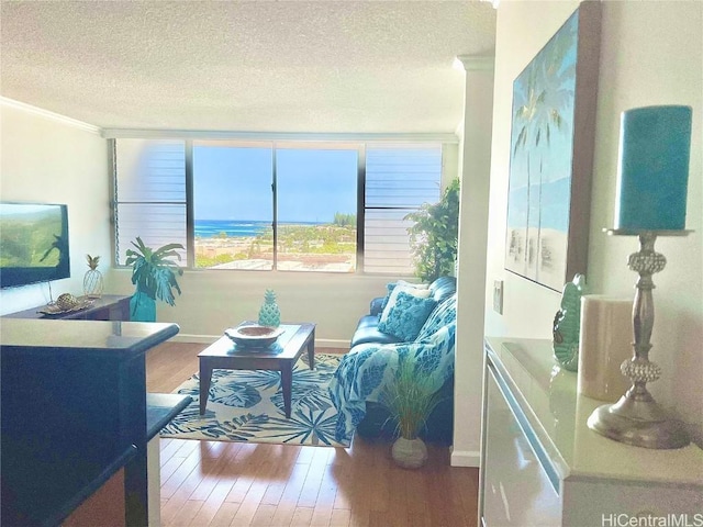 living area featuring hardwood / wood-style flooring, a textured ceiling, and ornamental molding