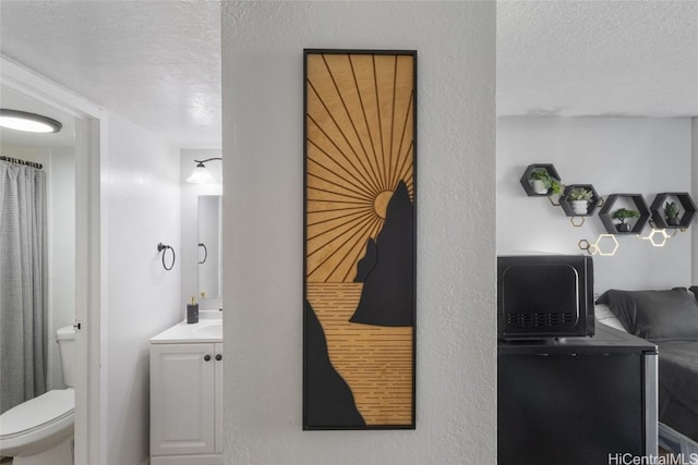 bathroom featuring vanity, toilet, and a textured ceiling