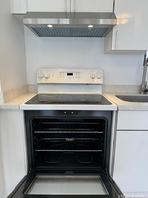 interior details featuring electric stove, ventilation hood, sink, and white cabinets