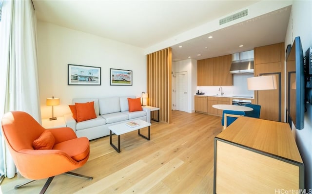 living room with light hardwood / wood-style floors and sink