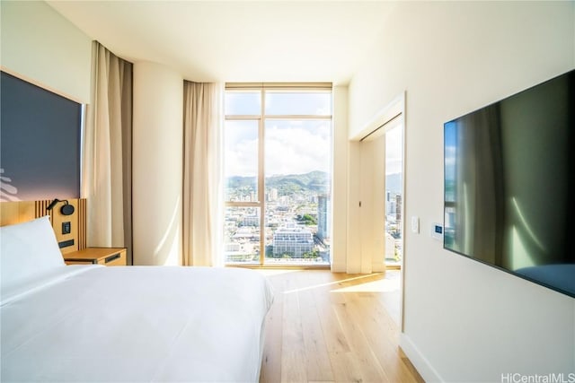 bedroom featuring light hardwood / wood-style flooring and floor to ceiling windows