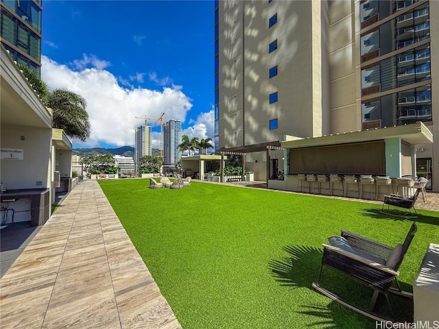 view of yard with a mountain view and a bar