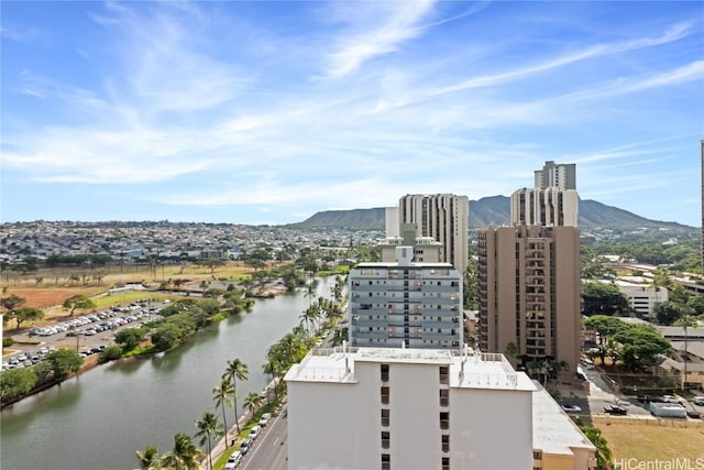 bird's eye view featuring a water and mountain view