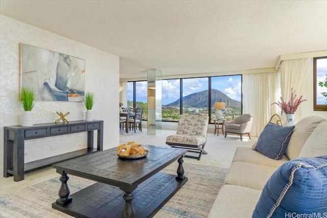 living room with a mountain view, plenty of natural light, expansive windows, and a textured ceiling