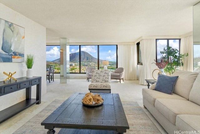 carpeted living room with a mountain view, a textured ceiling, and floor to ceiling windows