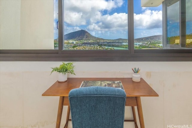 dining room with a mountain view