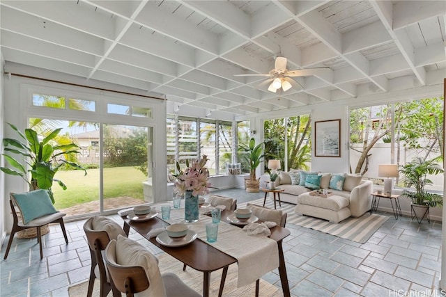 sunroom / solarium with ceiling fan, plenty of natural light, and coffered ceiling