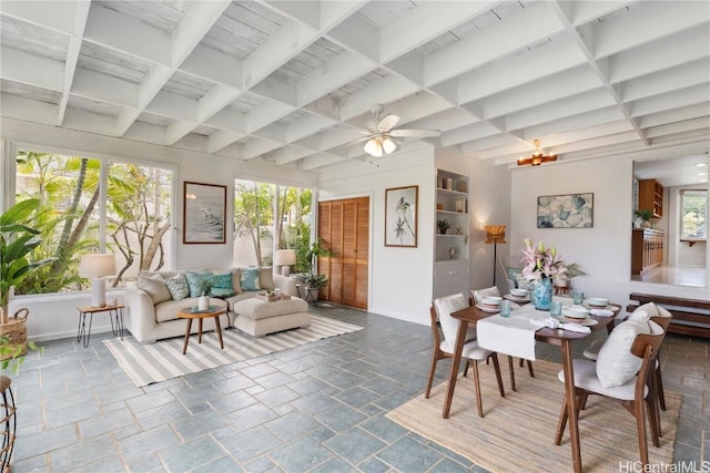 dining space featuring coffered ceiling, a wealth of natural light, and beam ceiling