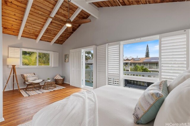 bedroom with wood ceiling, wood-type flooring, high vaulted ceiling, access to outside, and beamed ceiling