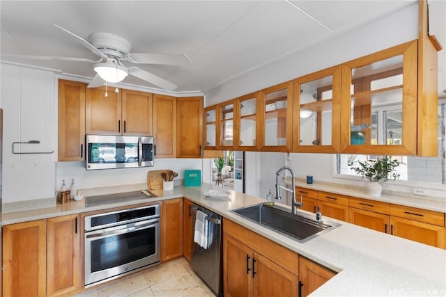 kitchen with ceiling fan, appliances with stainless steel finishes, and sink