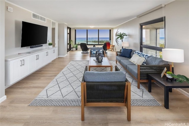 living room with floor to ceiling windows and light wood-type flooring