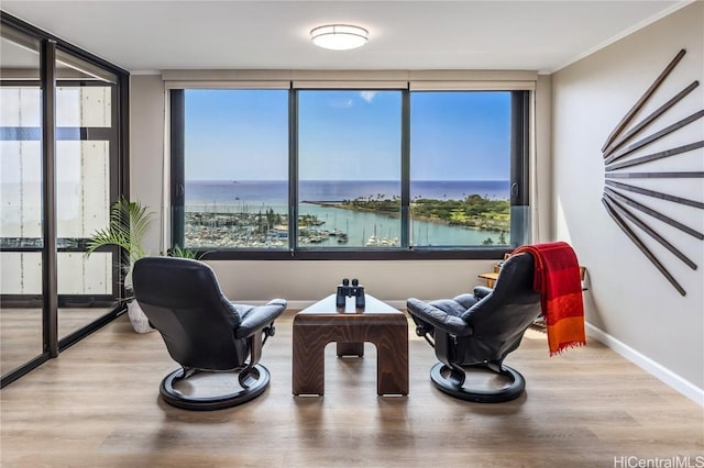 sitting room featuring a water view, radiator heating unit, and light hardwood / wood-style flooring