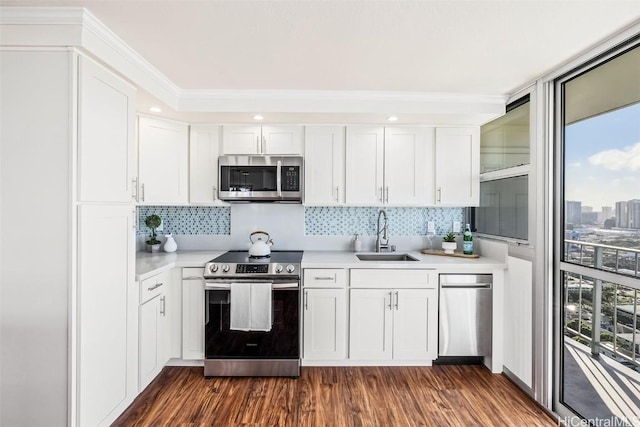 kitchen featuring white cabinetry, sink, stainless steel appliances, and plenty of natural light