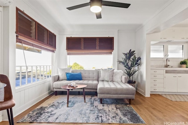 living area featuring crown molding, light hardwood / wood-style flooring, ceiling fan, and sink