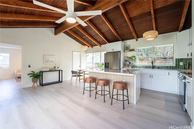 kitchen with white cabinetry, a center island, hanging light fixtures, stainless steel appliances, and wood ceiling